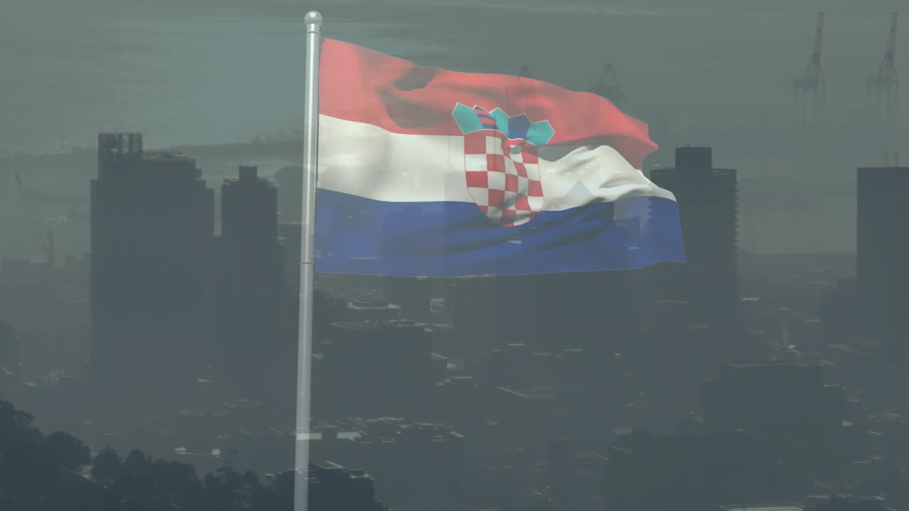 Croatian flag fluttering on silver pole above hazy port city skyline with cranes, in flat design