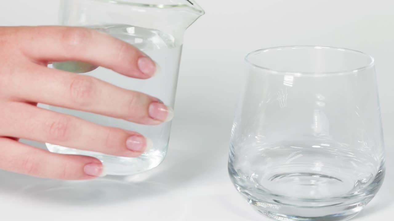 A hand carefully pours water from a beaker into a glass, demonstrating fluid motion and precision.