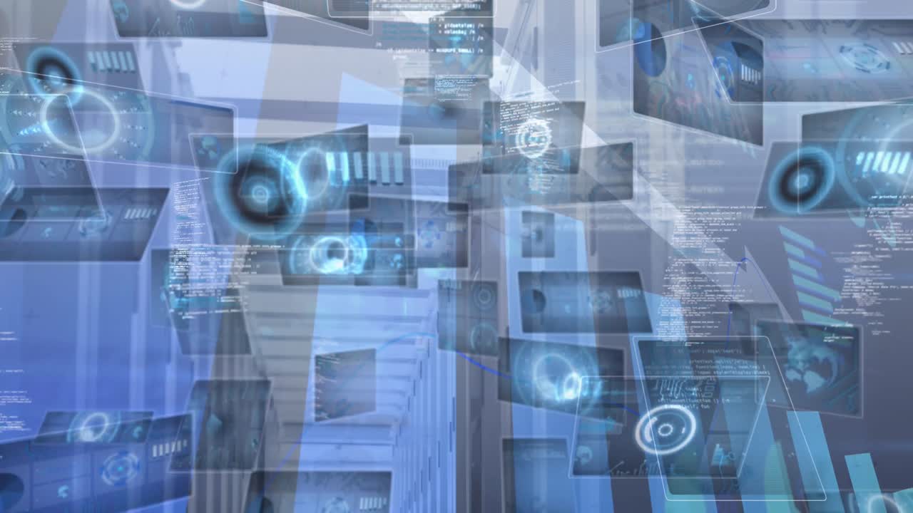 animación del procesamiento de datos financieros a través del escaneo de alcance y la sala de servidores.