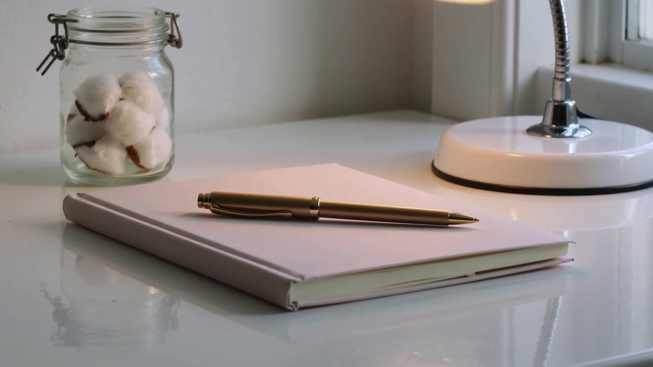 Moving camera bringing white notebook closer at window desk, pen rotating showing setup, lamp jar