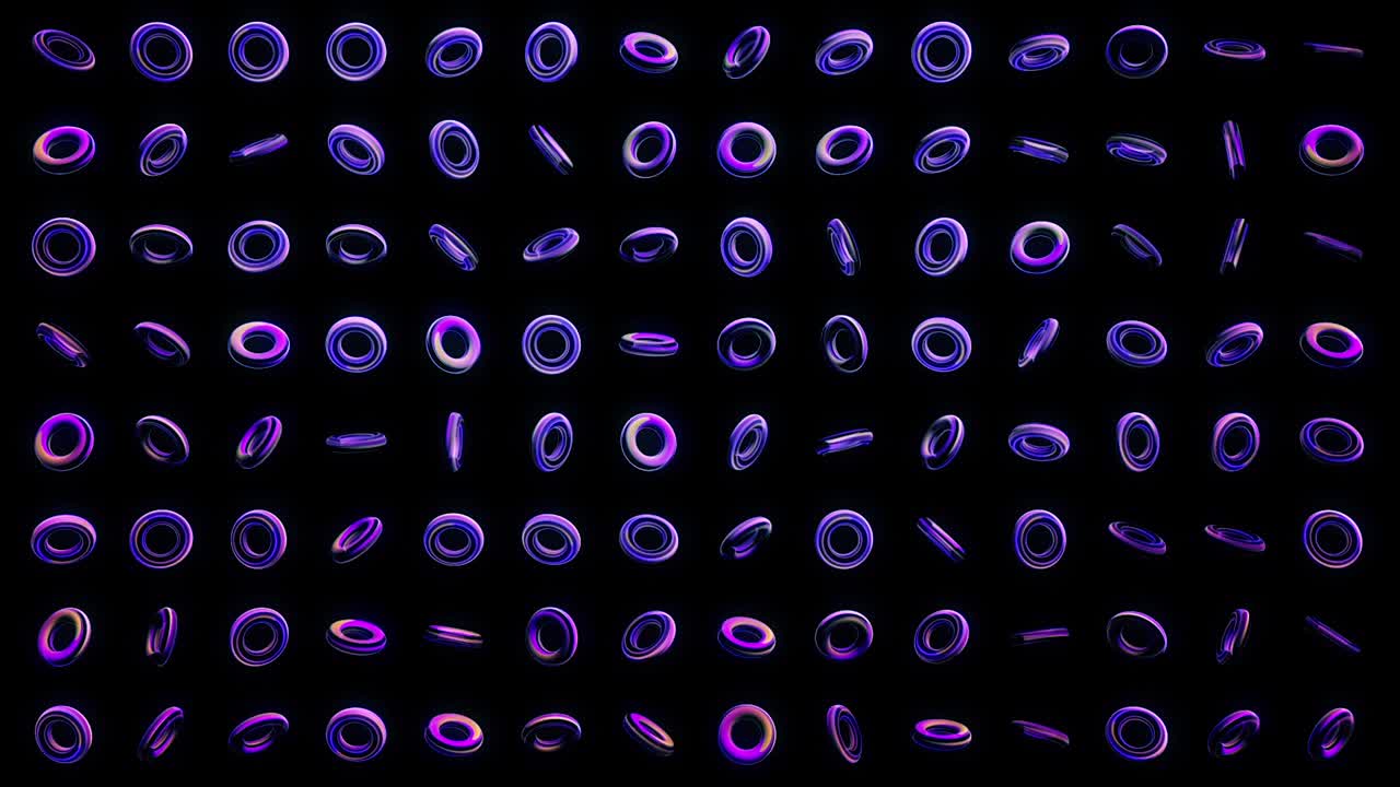 Abstract background of shimmering neon light rings on black background. Animation. Glowing and rotating set of neon rings on black background