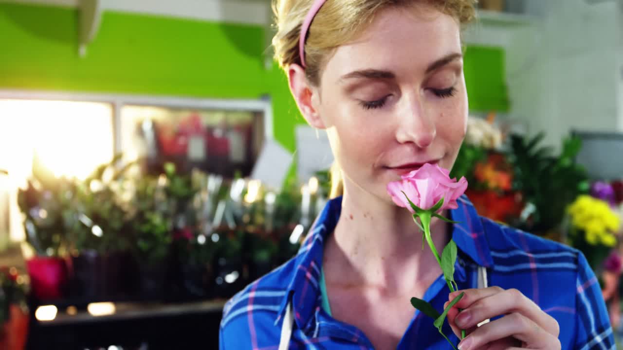 hermosa florista mujer que huele a un ramo de rosa rosa