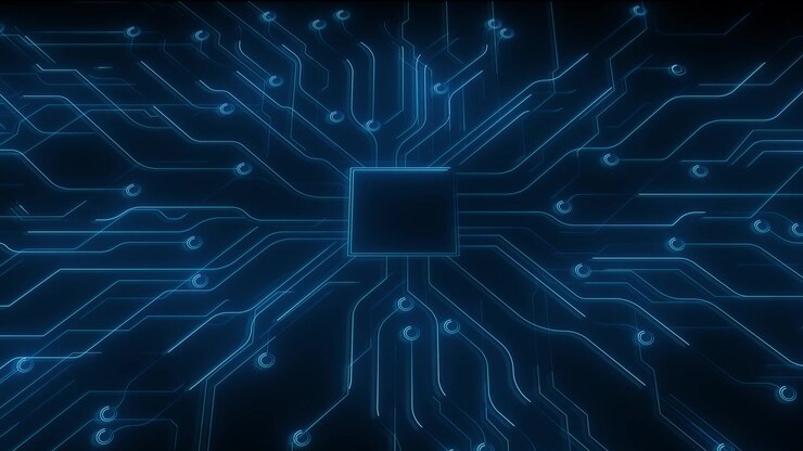 Visual tecnologico di scheda a circuito stampato del processore con tracce ciano luminose, forma di chip centrale ed elettronica scura.