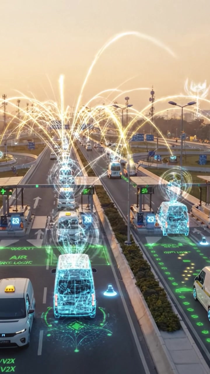 Gestione del traffico futuristica con display digitali e veicoli elettrici che illuminano un'autostrada intelligente che si snoda attraverso un paesaggio urbano al tramonto.