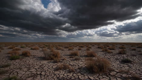 dry, cracked earth under stormy clouds