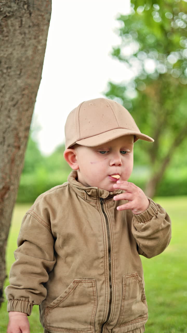 Bayi 18 bulan yang ceria dengan pakaian kasual bergaya sedang berlari di atas rumput. Balita laki-laki ber topi berjalan-jalan di hari musim panas yang cerah. Anak laki-laki berjaket di taman kota.