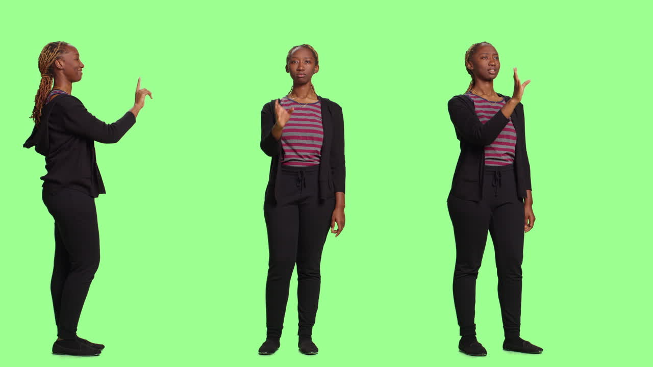 Woman in various poses against a green background