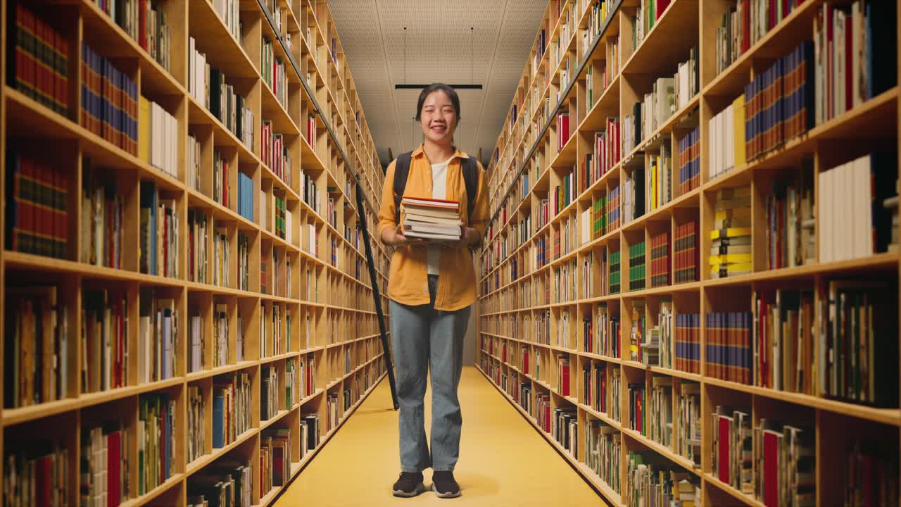 cuerpo lleno de estudiante mujer asiática con una mochila sosteniendo algunos libros y sonriendo a la cámara mientras estaba de pie en la biblioteca