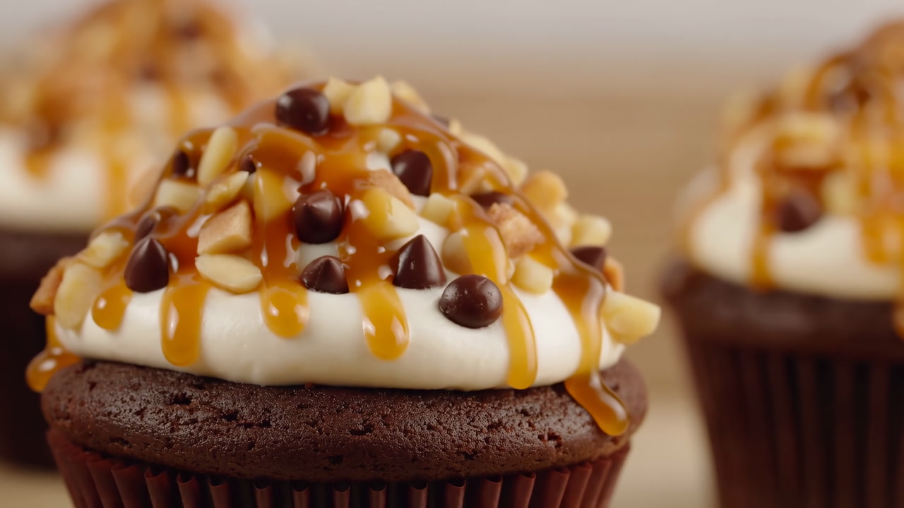 Closeup Chocolate Cupcake Caramel Drizzle Topping, Creamy White Frosting Studded With Chocolate Chips