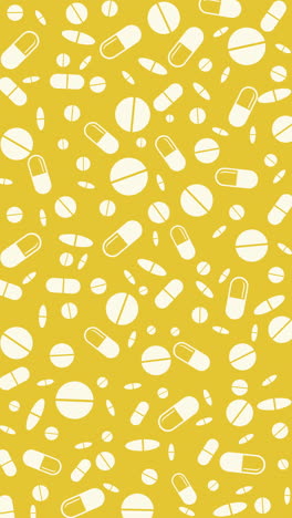 medical pills and tablets in flat simple design. white capsules and pills on yellow background. looped animated frame. vertical video.