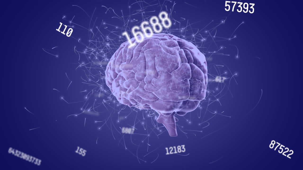 Animation of numbers changing over purple human brain spinning