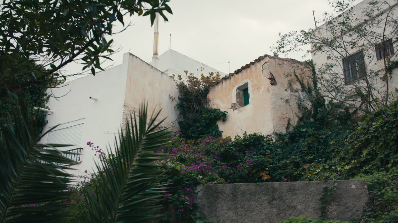 Dilapidated facade with broken roof and green-shuttered window, overtaken by vines and bougainvillea in Mediterranean hillside town
