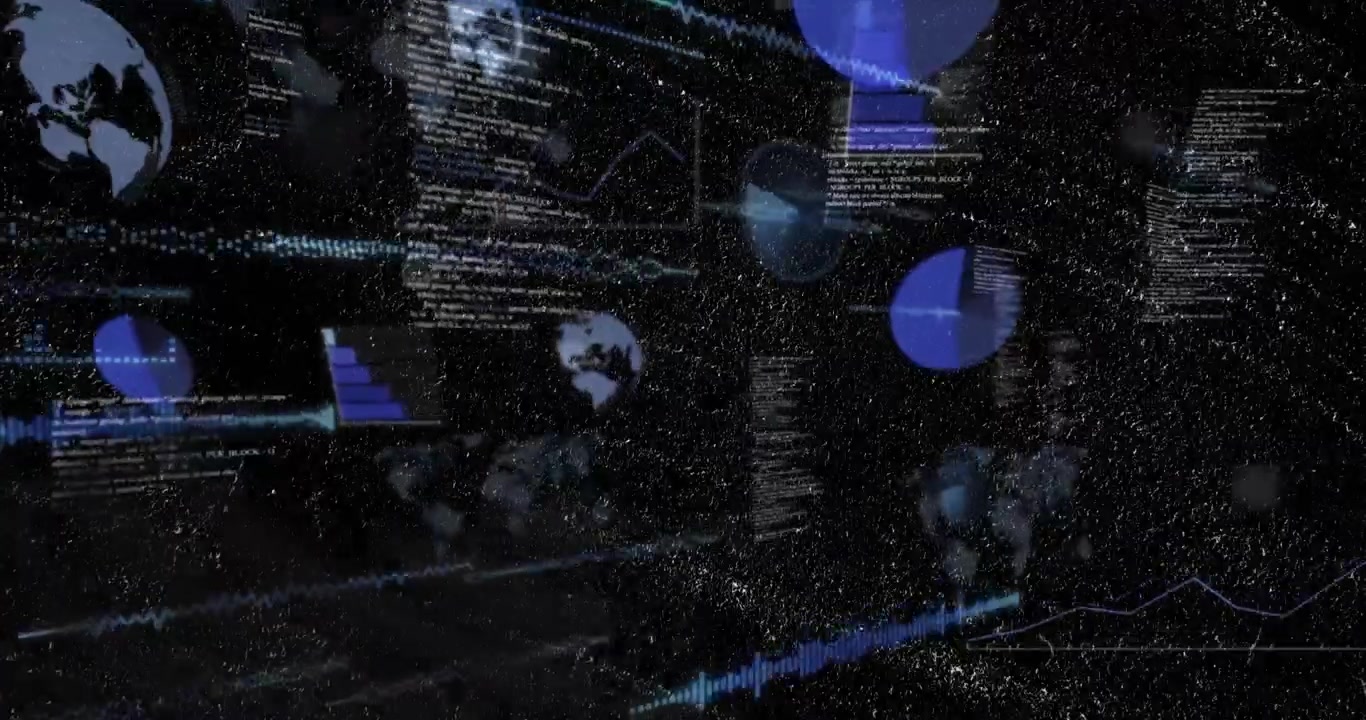 After data burst, pie charts and globe icons fading, sliding, drifting revealing network health