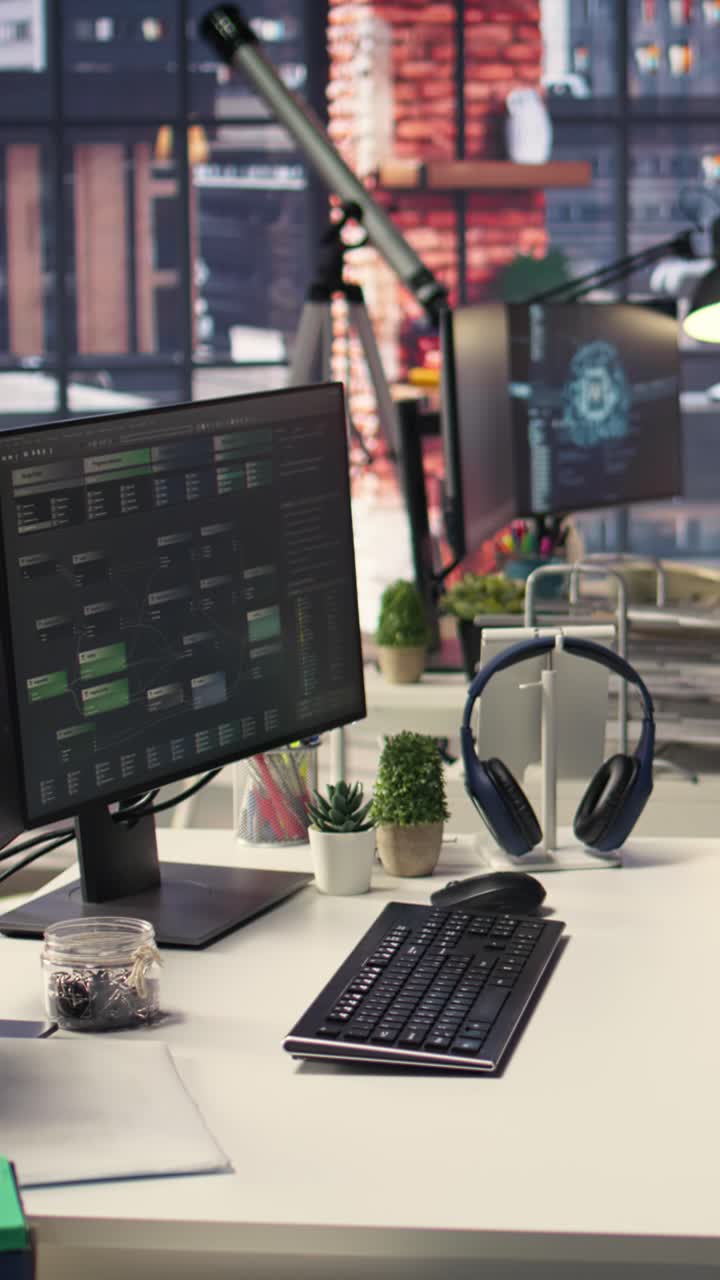 Vertical Video Empty programmer digital workspace shows real time code and AI driven algorithms
