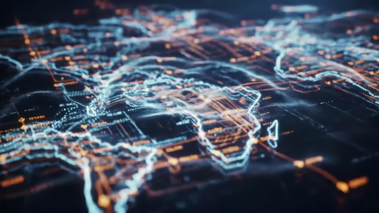 Intricate visualizations reveal the complexity of city networks and digital pathways, highlighting the flow of data across urban landscapes rendered in bright colors and patterns.