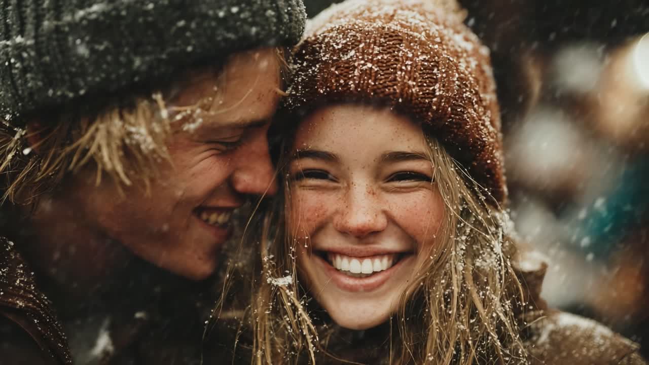 Sorrisi gioiosi e sussurri invernali: un momento toccante tra due amici in un paese delle meraviglie innevato catturato in questa splendida scena