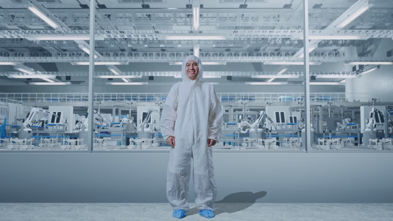 Full Body Of Asian Male Scientist Smiling In Modern Lab Factory with Automated Robots