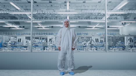 full body of asian male scientist smiling in modern lab factory with automated robots