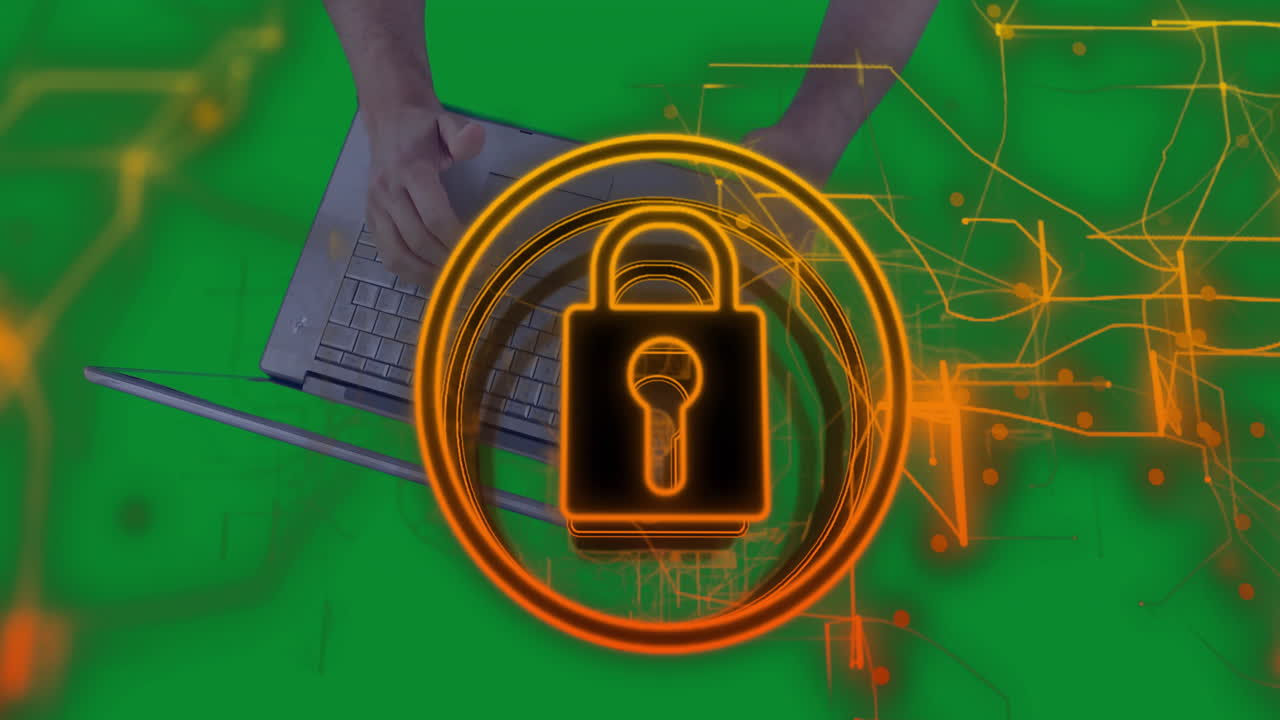 IT professional typing on laptop, featuring glowing padlock overlay and circular network graphics