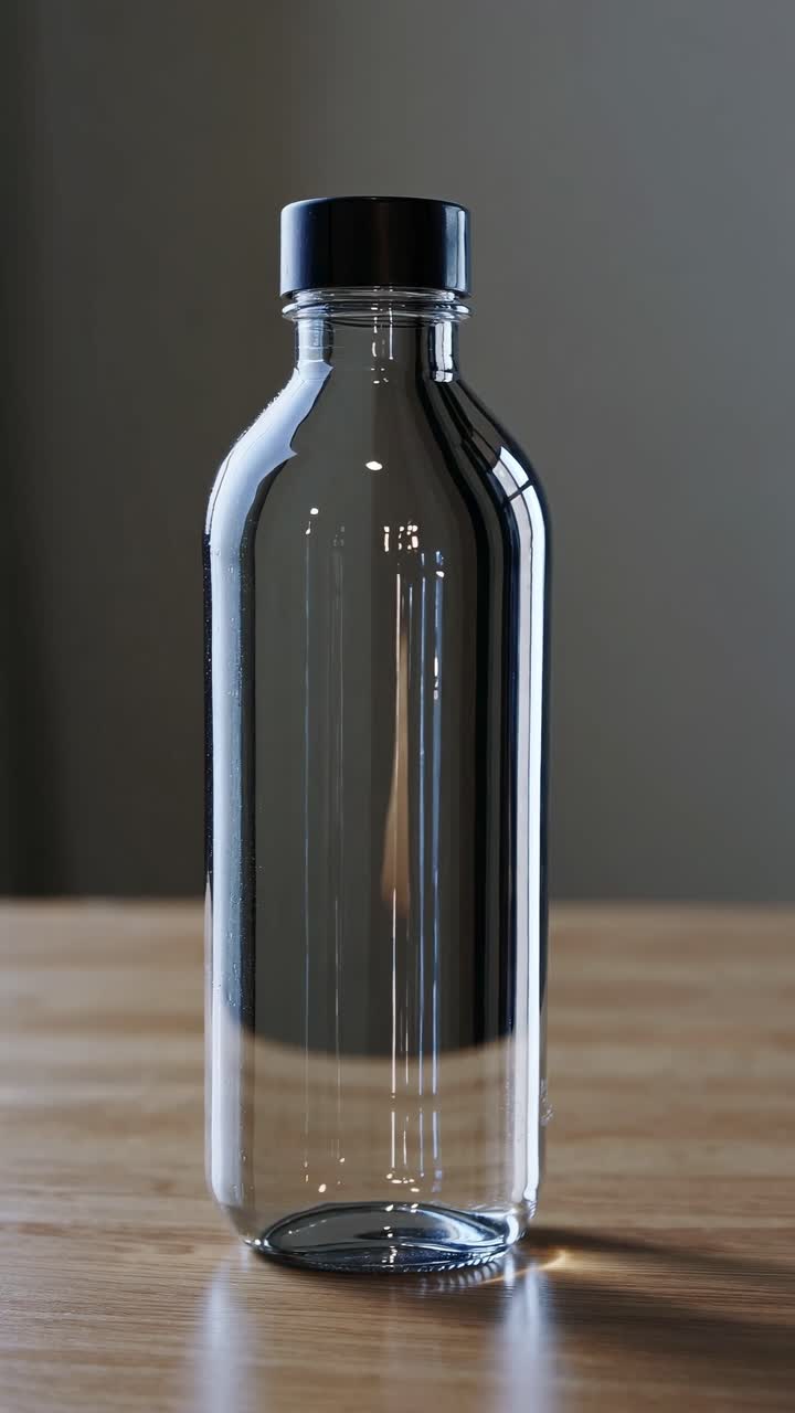 A minimalist video showcasing a clear glass bottle with a black cap, captured at eye level