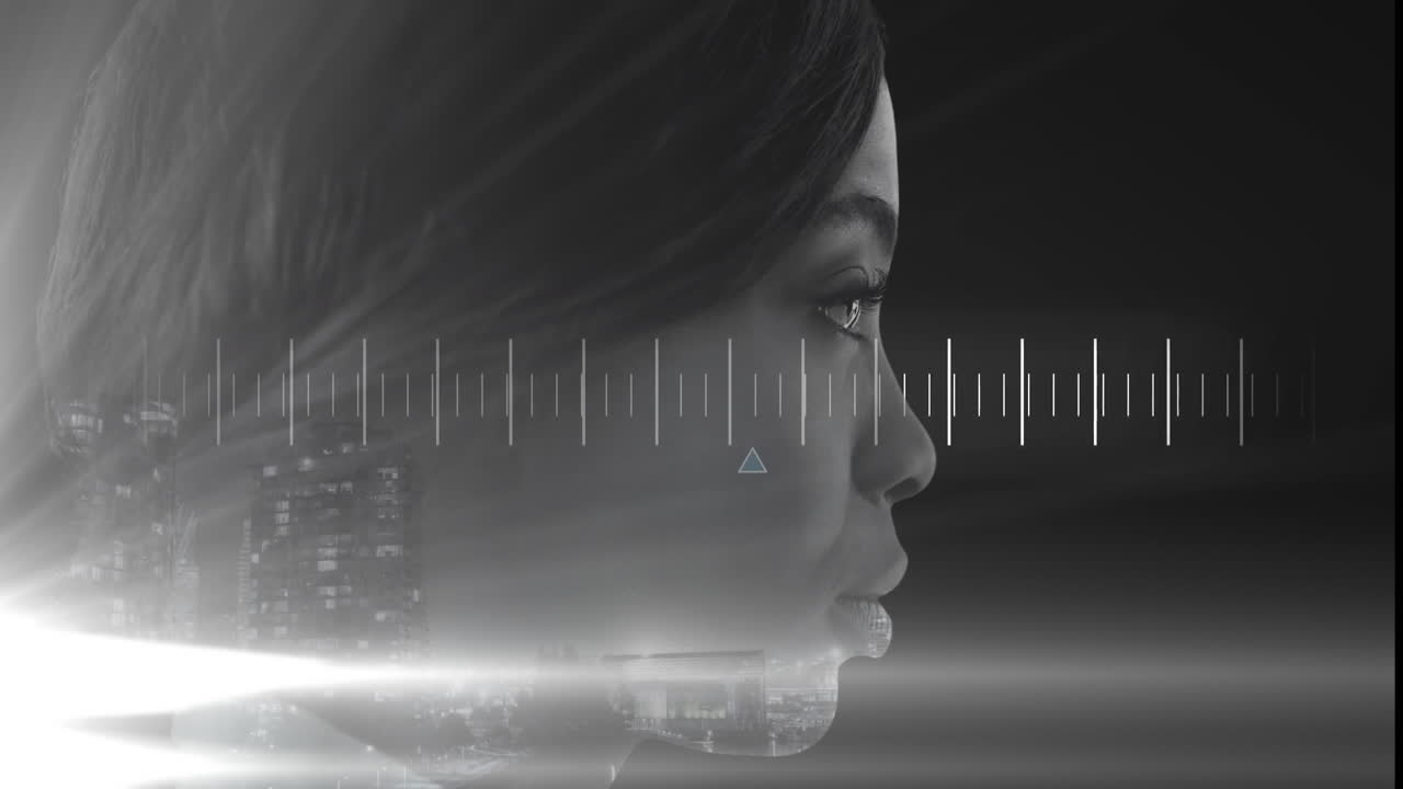 perfil de mujer con paisaje urbano y animación de visualización de datos sobre su cara