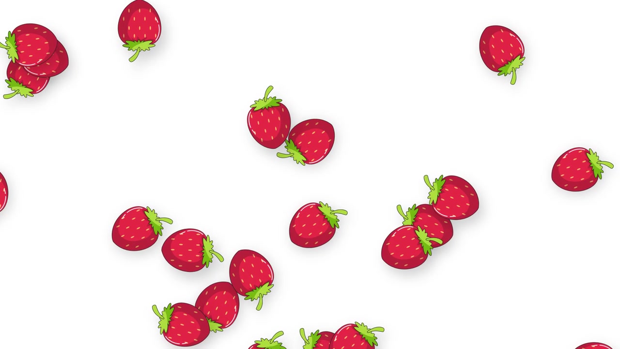 Animated red strawberries with green leaves fall vertically against a clean white studio background.