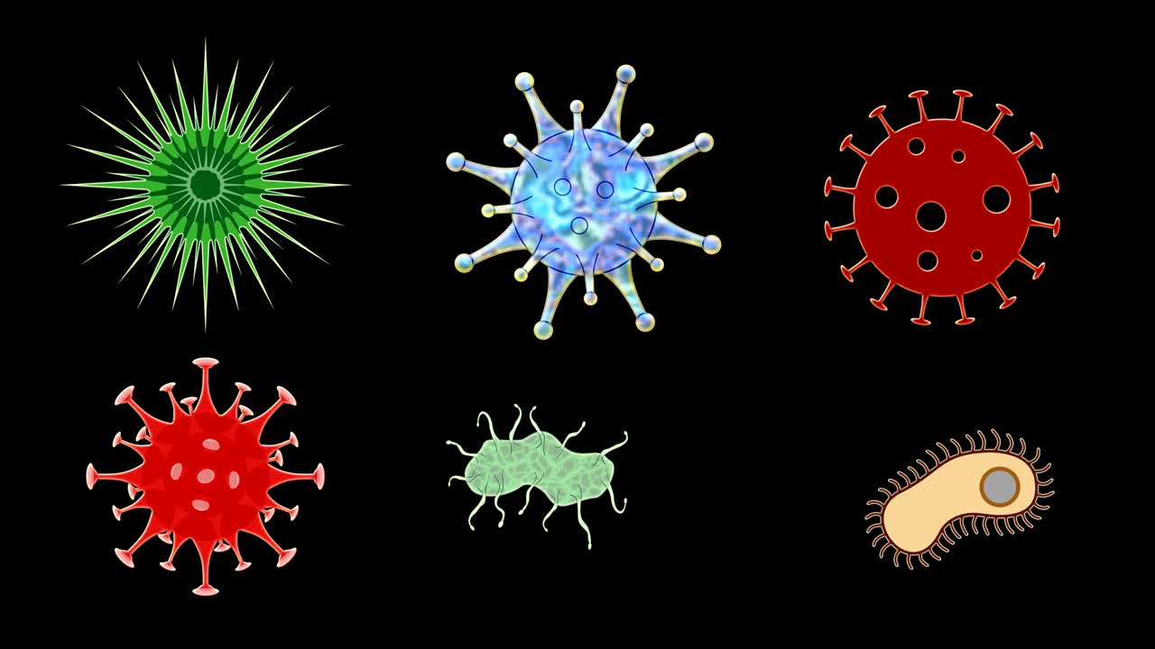Virus e batteri girano e si muovono su sfondo nero
