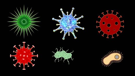 viruses and bacteria circle and move against a black background.