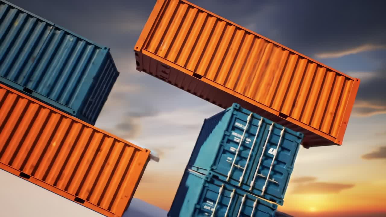Dynamic Stacks of Colorful Shipping Containers Captured Against a Dramatic Sunset Sky Highlighting the Balance and Logistics of Freight Transport