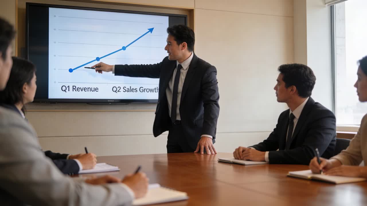 Pointing to Q1 Revenue, standing man in suit, tie tracing upward line in meeting, reviewing sales