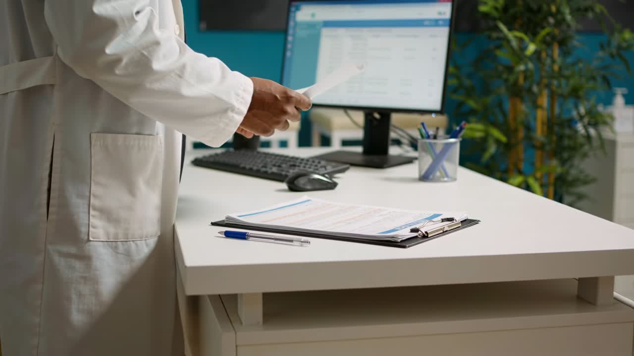 Placing sheet onto clipboard, Dr in coat reviewing records, handling papers at desk, copy space