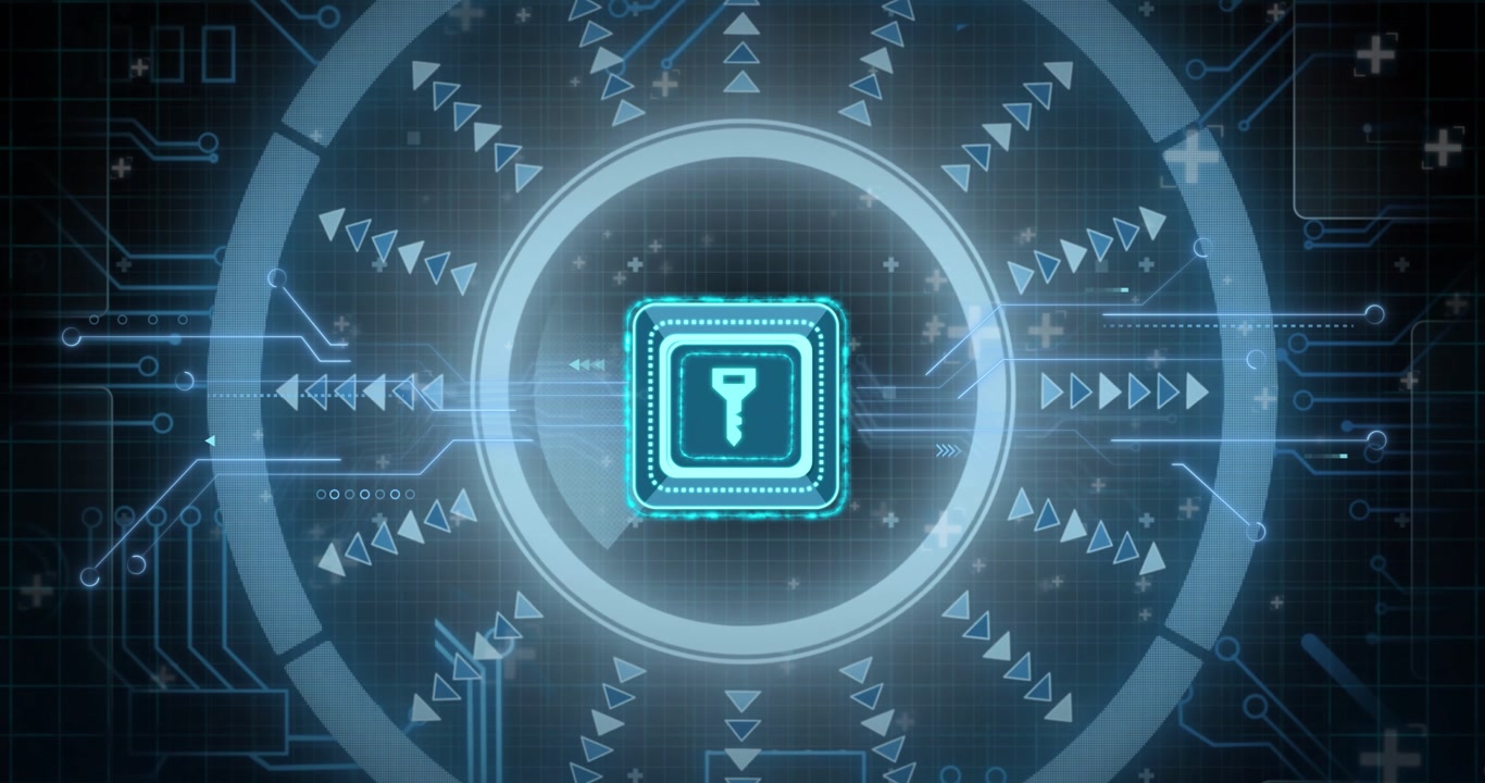 Upon chip appearing glowing chip activating rotating ring with symbols drifting showing encryption