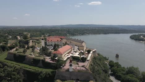 aerial approaches petrovaradin fortress on bank of danube river, serbia