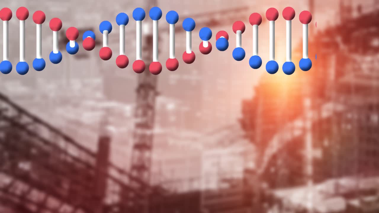 dna 가닥의 애니메이션이 초점 밖으로 회전하는 도시 풍경
