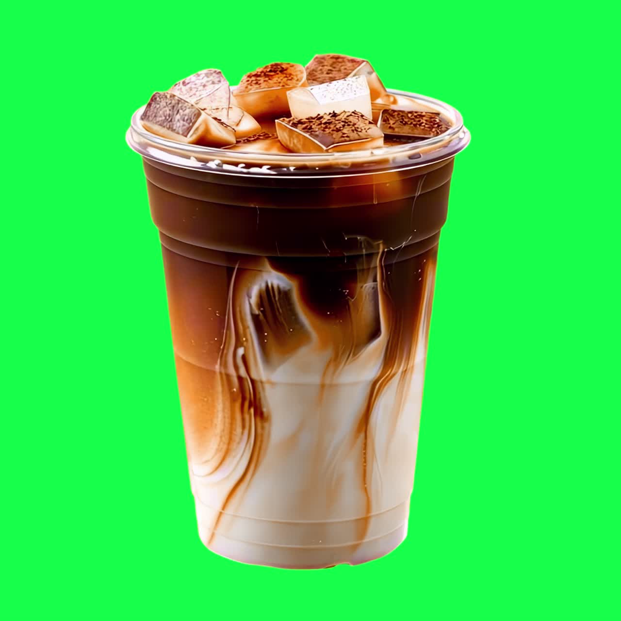 Iced coffee with creamy swirls animation, transparent 4K video, green screen