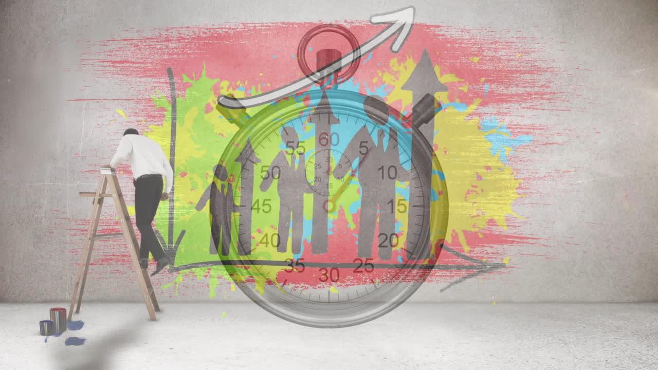 사다리와 스 ⁇ 워치에 있는 사업가와 함께 통계의 애니메이션