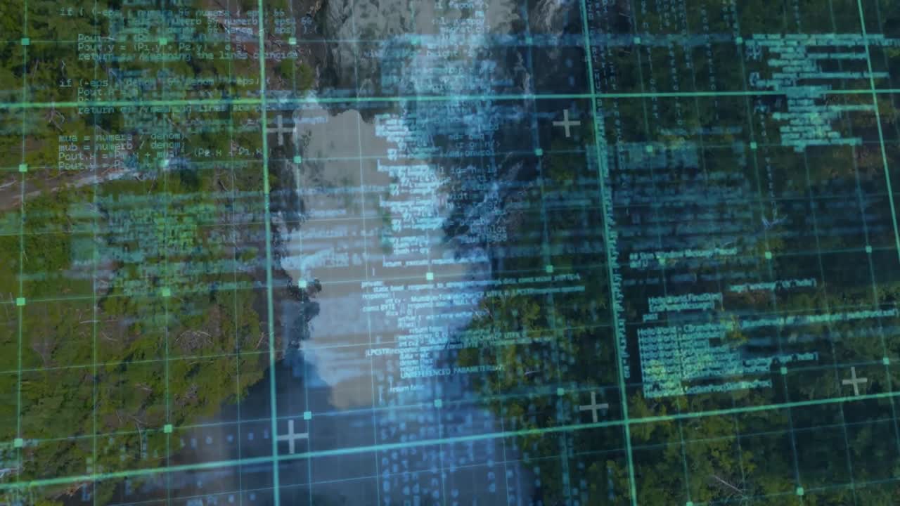 Pemindaian satelit mengaktifkan overlay, kisi-kisi cyan menyoroti sungai dengan kode mengalir untuk pemetaan.