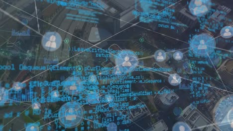 Animation-of-network-of-connections-and-data-processing-over-cityscape