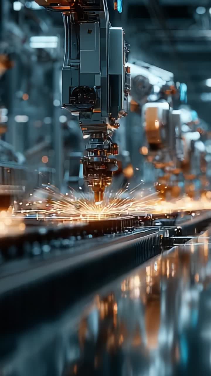 Advanced Robotic Automation in Industrial Manufacturing: Capturing the Precision and Power of Laser Cutting Technology in Action with Vibrant Sparks and Intense Heat