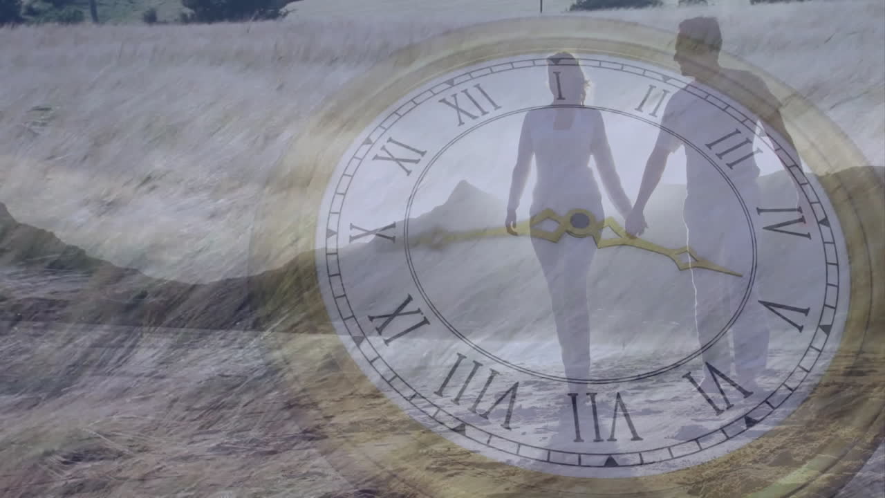 Animation of clock face overlaying couple walking on beach, symbolizing time passage