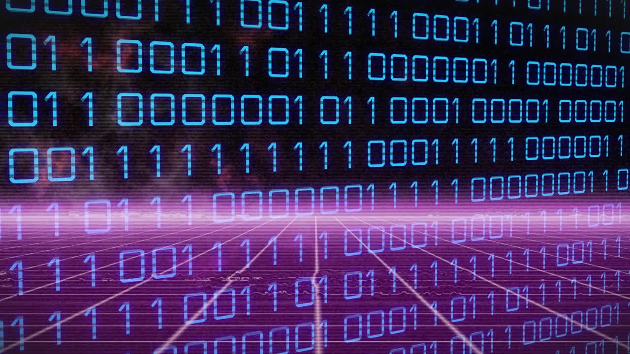 Pink band brightening, causing binary scrolling and magenta grid advancing, visualizing data