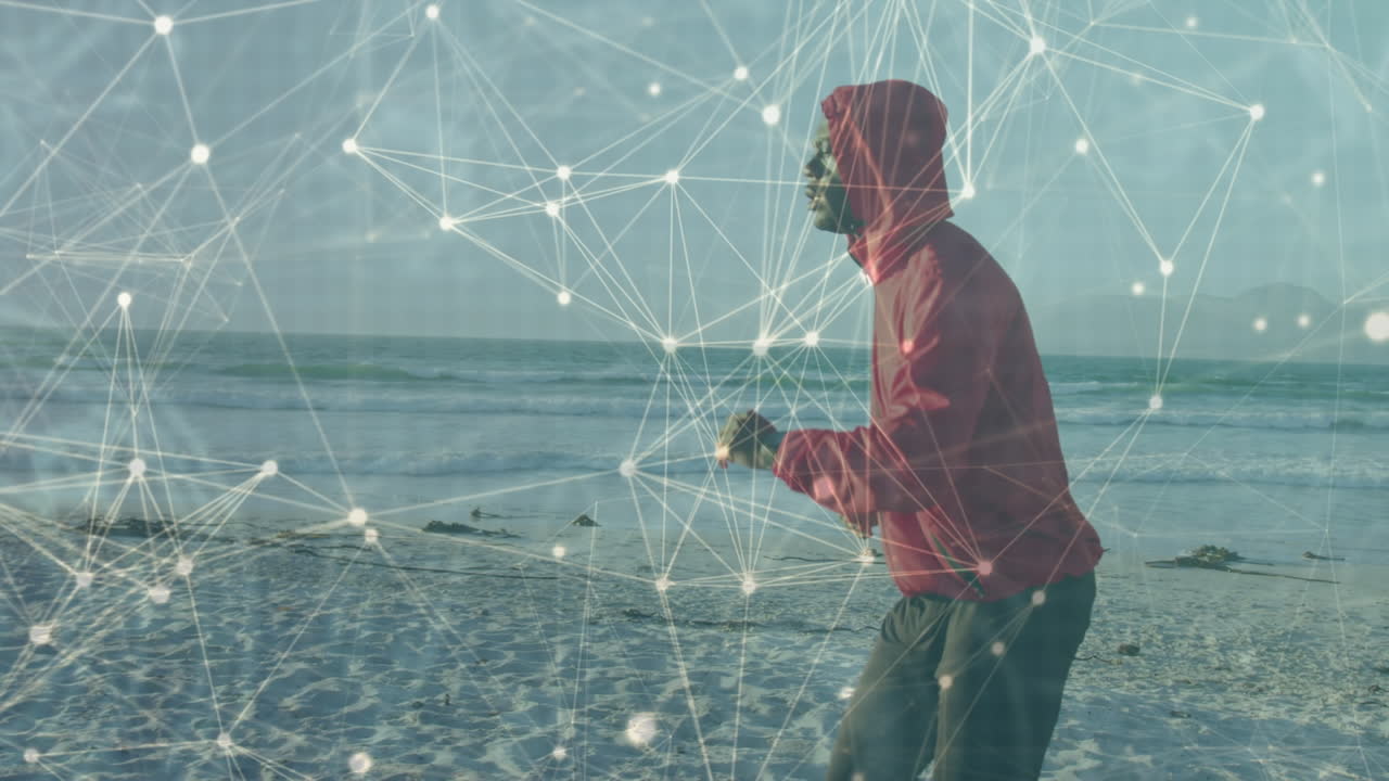 animación de una red de conexiones sobre un hombre afroamericano corriendo