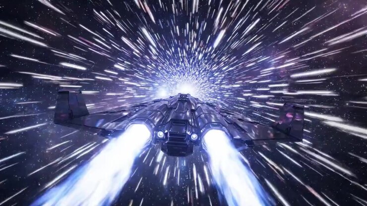 A spacecraft hurtles through a stunning cosmic environment, showcasing brilliant light trails and a sense of rapid motion amidst the vastness of space.