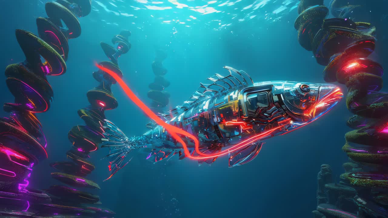 Futuristic Cybernetic Fish in an Underwater World