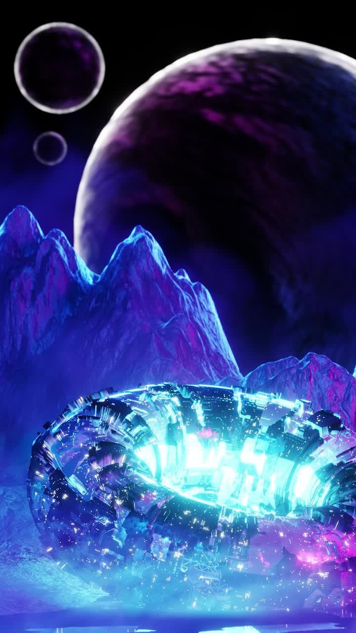 Modern futuristic neon abstract background. Spaceship ring in the center.3d render