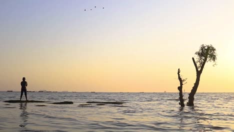 Silhouette-Eines-Mannes,-Der-Vor-Dem-Sonnenuntergang-Steht-Und-Auf-Das-Meer-Blickt