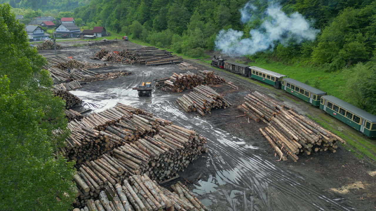 Aerial view : Mocanita, a narrow gauge railway, transporting logs through a picturesque Romanian landscape