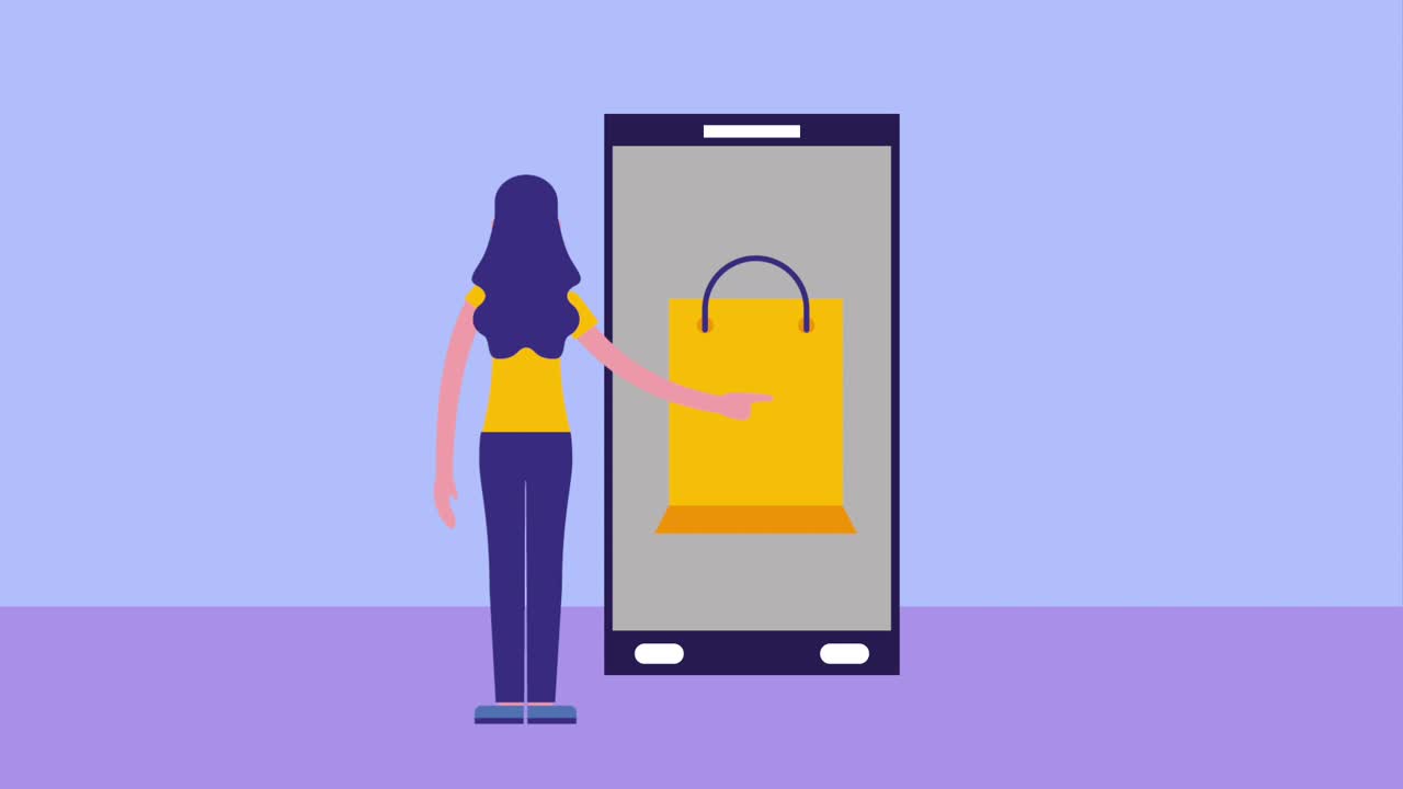 여성 뒷보기 스마트폰 쇼핑 가방 온라인