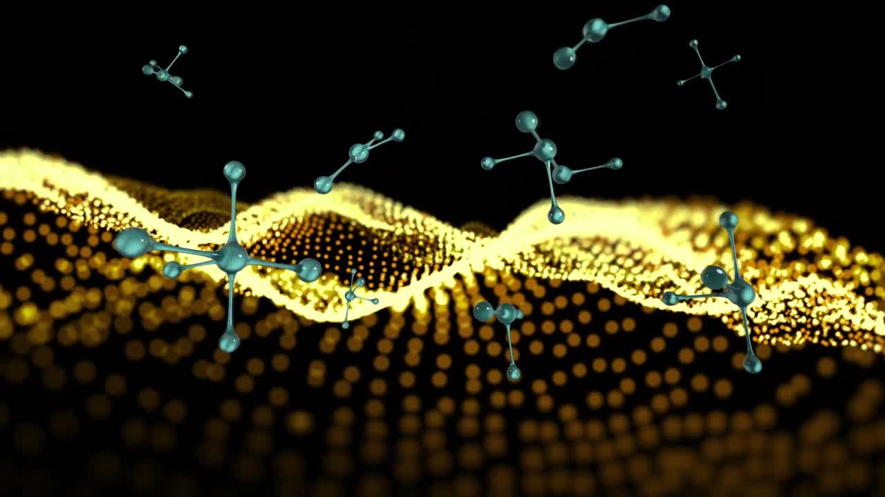 animación de moléculas y brillo amarillo sobre fondo negro