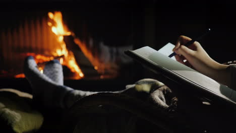 escribir en un cuaderno mientras está sentado junto a la chimenea los planes para el nuevo año comienzan con una hoja en blanco